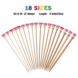 Bamboo Knitting Needles Set for Beginners, Needles Single Point, Knitting Needle for Socks, Scarves, 18 Pairs 25 cm Long 2.0-10.0 mm Thin to Large Straight Knitting Needles Wood with Handle for