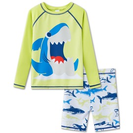 UMELOK Boys' Swimming Set UPF 50+, Two Piece Rash Guard and Swimming Shorts with Cute Animals Motif, Sun Protection for Children, Green-yellow