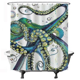 Ulticool Shower Curtain - Squid Calamari Sea Nature - 180 x 200 cm - Anti Mould - Washable - Waterproof - with 12 Rings - Green White