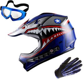 WOW Updated Youth Motocross Helmet Kids Motorcycle Bike Helmet Shark Blue + Goggles + Skeleton Blue Glove Bundle