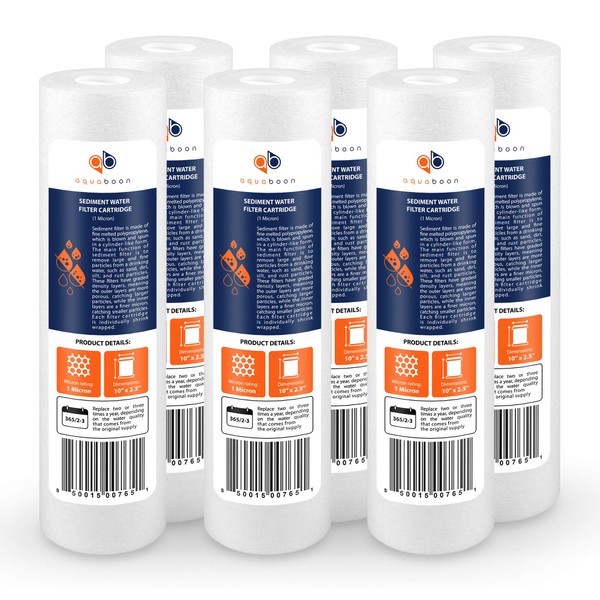 Aquaboon 6-Pack of 1 Micron 10" Sediment Water Filter Replacement Cartridge for Any Standard RO Unit | Whole House Sediment Filtration | Compatible with DuPont WFPFC5002, Pentek DGD series, RFC series