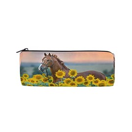 Horse Sunflower Pencil Bag, Animal Flower Floral Round Pencil Case Zipper Pen Pouch Cases Stationery Bag Cosmetics Makeup Brush Bag for School Office Work College