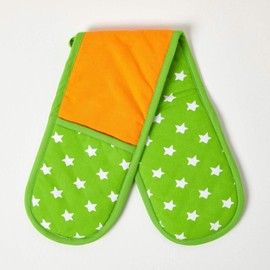 HOMESCAPES - Pure Cotton Double Oven Glove - Stars - Lime Green Orange - 18 x 84 cm - Fully Coordinated Washable Kitchen Linen