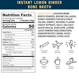 Bare Bones Lemon Ginger Bone Broth Instant Powdered Mix Packets | 5g Collagen | 10g Protein | Keto & Paleo Friendly | No Artificial Flavors | Rich Sav