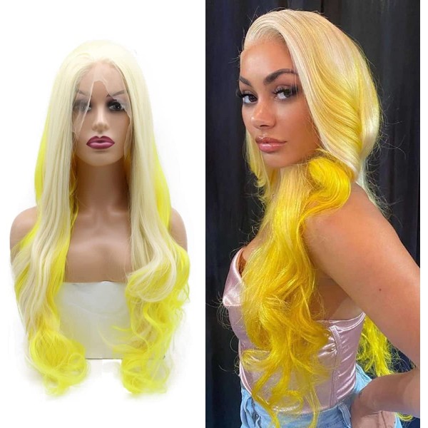 Blonde Yellow Curly Wig 613 Blonde Yellow Long Wavy Lace Front Wigs for Women Super Soft Platinum Blonde Ombre Synthetic Hair Natural Hairline Glueless Heat Resistant Fibre Cosplay Daily Party 61 cm