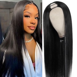 beautkol U Part Human Hair Wig For Black Women Brazilian Straight 100% Real Human Hair Glueless 180% Density U Part Wigs No Sew in NO Glue Natural Color 20Inch