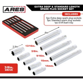 ARES 11025-10-Piece Extra Deep and Standard Length Spark Plug Socket Set – 3/8-Inch Drive Spark Plug Sockets - 2.5-Inch and 6-Inch Length 6-Point and 12-Point Sockets – Includes Foam Storage Tray