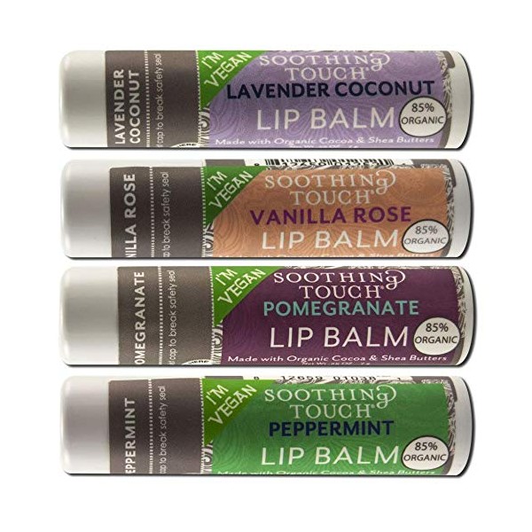 Soothing Touch Vegan Lip Balm - Coconut Lavender, Vanilla Rose, Pomegranate, Peppermint - Variety Pack of 4