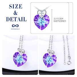 INFINIONLY Heart of the Ocean Crystal Necklace, Women's Heart Light purple Crystal Necklace Pendant, 925 Silver, decorative mini heart and cross, Inlaid shiny zircon, With 45cm water wave chain