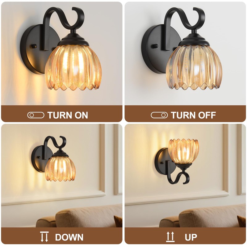 lobolighting Vintage Wall Sconce with Amber Tulip Glass Lampshade Black