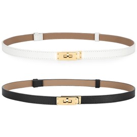 Horsopia Women Skinny Leather Belt Solid Color Alloy Turn Lock for Dresses Jeans Coats 2 Pack Adjustable Thin Waistband