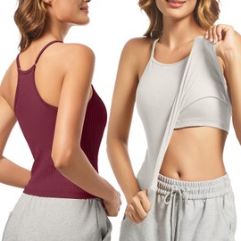 OVESPORT 2Pack Workout Tank Tops for Women with Built in Bras Seamless Adjustable Spaghetti Strap Sports Bra Yoga Casual Tops(Red+White-L)