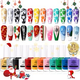Born Pretty Born Pretty Nail Stamping Polish, Christmas Fingernail Stamp Polish Set Manicure Print Nail Polish for Plates 12 Colors Bulk Gift Collection 10ml 0.34fl oz Ideal Gifts