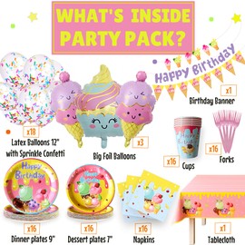 Ice Cream Birthday Party Decorations – Ice Cream Party Supplies for Girls with IceCream Birthday Balloons, Plates, Cups, Napkins, Sprinkle Balloons, Sweet Tablecloth, Banner – Kawaii Summer Theme Kit