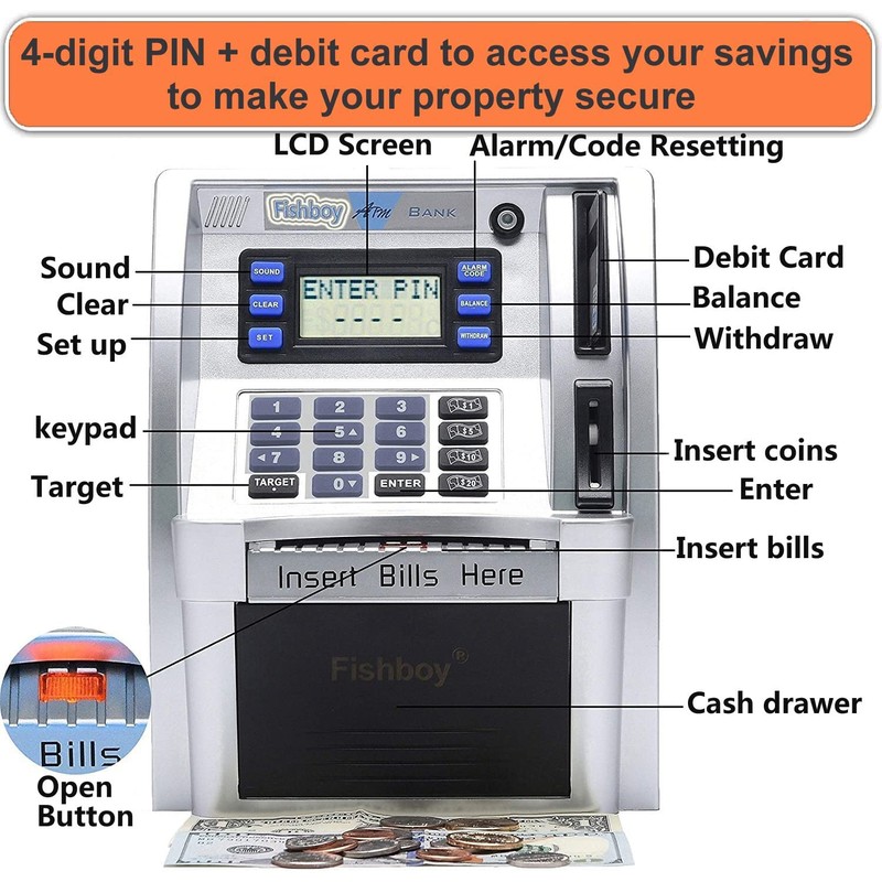 Fishboy ATM Piggy Bank for Kids with Power-Off Memory and