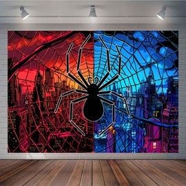 TOAOFY 10x8FT Spider Web Photo Backdrop Blue Red City Buildings Skyline Spider Backdrop Girl Boy Kids Birthday Party Decorations Supplies TAYBDJ1064