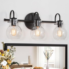 GEPOW Bathroom Wall Light Fixtures, 3-Light Black Glass Vanity Light, Modern Farmhouse Wall Lamp Over Mirror for Hallway, Bedroom, Kitchen, and Living Room