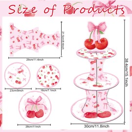 Keluna Cherry Bow Birthday Party Decorations - 3 Tier Pink Cherry Bow Cupcake Stand She's The Cherry Theme Party Supplies Dessert Tower Holder for Birthday Baby Shower Wedding Decorations