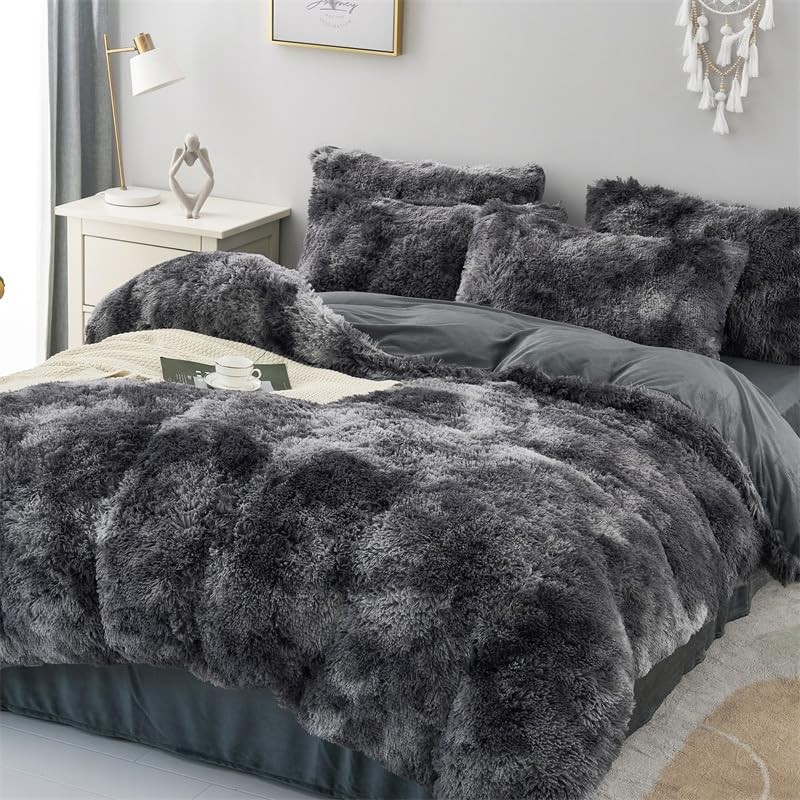 chovy Faux Fur Tie-Dyed Black Gray White Colorful Comforter Sets