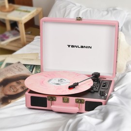 Vintage Suitcase Record Player - 3-Speed Bluetooth Portable Turntable with USB Recording, MP3 Converter RCA/AUX/Headphone Jack,Light Pink