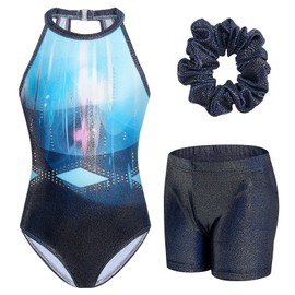 JiAmy Gymnastics Leotards for Girls with Shorts Set, Clasp Back Sparkle Kids Gymnastics Outfit for 3-12 Years