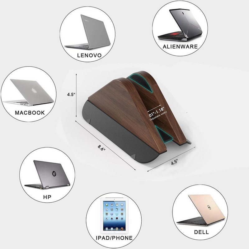Vinnatsuノートパソコンスタンド 縦置きスタンド 収納 PCホルダー 木製縦型滑り止めで、安定感がありますホルダー デの省スペースMacBook Proと他のノートパソコンにフィット 0.1インチから1.5インチ デスク用垂直ホルダー ブラックウォールナットウッド
