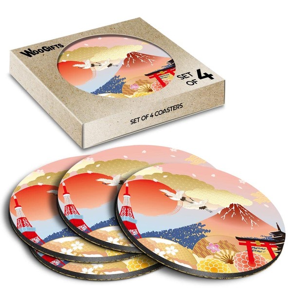 4 x Round Coasters - Japan Mount Fuji Illustration Cork