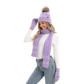 NATUST Hat Scarf Gloves Set Women's Winter Thick Knitted Set, Purple