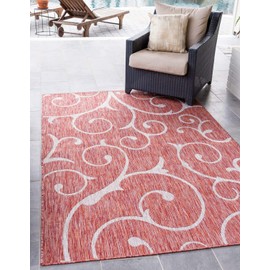 Unique Loom Outdoor Botanical Collection Area Rug - Curl (5' 3" x 8' Rectangle, Rust Red/ Ivory)