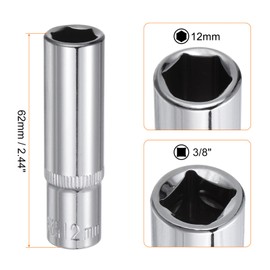 sourcing map 6-Point Socket 3/8" Drive 12mm Deep 2.44" Length 45# Steel Metric Square Drive Sockets Polishing Chromed Sockets for Car Repair Mechanical Maintenance Home Use