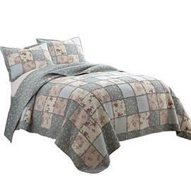 Chezmoi Collection Abbi 3-Piece Garden Floral Vintage Washed 100%-Cotton Reversible Patchwork Quilt Set (King)