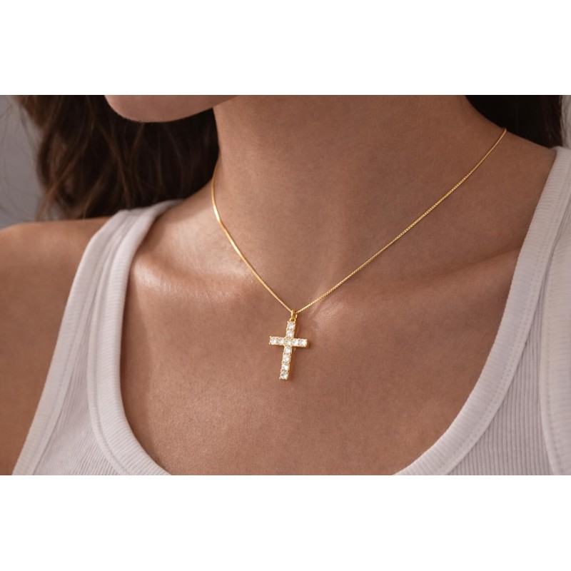 14K Gold Cross Necklace for Women Small Diamond Pendant Charm