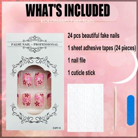 French Tips Press on Nails Short Square Flower Design Fake Nails Rose Red Petal False Nails Glossy Full Cover Stick on Nails Acrylic Spring Summer Floral Artificial Nails for Women Glue on Nails 24Pcs