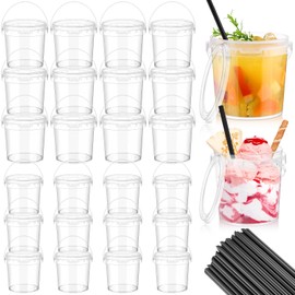Sunnychicc 24 Pcs Ice Cream Bucket Clear Plastic Bucket with Lids and Straws Drinks Containers Plastic Food Storage Pail for Summer Cold Drink Beach Parties