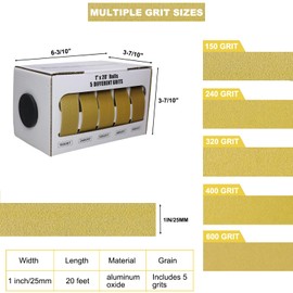5 Grits 1'' x 20' Sandpaper Emery Cloth Roll - 150 240 320 400 600 Grit, Advanced Aluminum Oxide Abrasive Hand Sanding Paper Roll with Dispenser for DIY Crafts Wood Furniture Metal Automotive