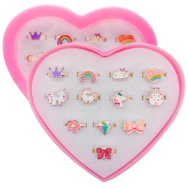 Steemjoey 12 PCS Little Girls Rings, Adjustable Girls Rings Set Toys, Unicorn Finger Rings Princess Girls Dress up Rings with Heart Shape Box for Children Kids Little Girls