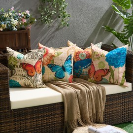 Waterproof Cushion Covers, Pack of 4, Floral Pattern Cushion Cover, Breathable Cushion Case, Linen Cushion Cover for Outdoor, Balcony, Patio, Garden, Farmhouse Decor, 45 x 45 cm