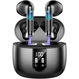 Wireless Earbuds, Bluetooth Headphones V5.4 Stereo Bass Ear Buds with ENC Noise Cancelling Mics,56H Bluetooth Earbuds with LED Display Charging Case, IP7 Waterproof Earphones for Android iOS, Black