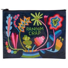 Blue Q Zipper Pouch, Random Crap Floral. Made from 95% Recycled Plastic, Chunky Sturdy Zipper, Easy-to-Wipe-Clean. 7.25" h x 9.5" w, Blue