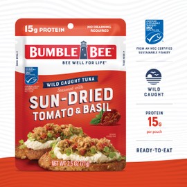 Bumble Bee Sun-Dried Tomato & Basil Seasoned Tuna, 2.5 oz Pouches (Pack of 12) - Ready to Eat - Wild Caught Tuna Packet - 15g Protein per Serving - Gluten Free