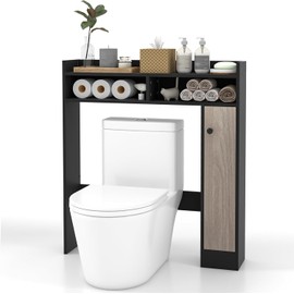 Nightcore Over The Toilet Storage Cabinet，Freestanding Bathroom Space Saver with Single Door Cabinet, Toilet Rack with Open Shelf & Top Shelf, Anti-tilt Kit