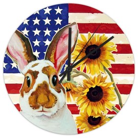Farm Animals Sunflower American Flag Easter Bunny Wooden Wall Clocks 10 Inch, Funny Animal Indoor Clocks Quality Quartz Non Ticking Round Clock for Dining Room Decor