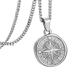 murtoo Retro Star Compass Necklace for Men and Women, Silver Octagram Star Carved Compass Pendant with Curb Chain Unique Gifts for Men, 24 inch Silver