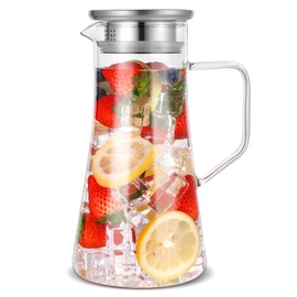 Kftamoetly 44 oz Glass Pitcher with Lid and Spout, Clear Hot & Cold Water Jug with Handle and Pour Spout for Iced Juice, Coffee, Milk, Coffee, Sun Lemonade, Water, Hot Tea