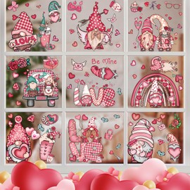 9 Sheets Valentine's Day Gnome Window Clings, Double-Sided Window Decor for Valentines Day, Removable Pink Window Decorations for Glass Windows