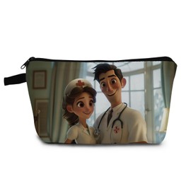 YULUENZE Doctors Makeup Bag Cute Small Organizer Bag with Zipper Cartoon Style Nurse Print Cosmetic Bag Birthday Graduation Gifts for Doctors Nurse Women Friends
