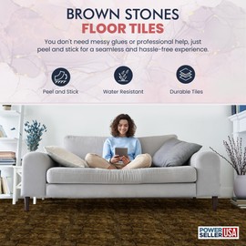 PowerSellerUSA Vinyl Self Adhesive Floor Tiles, 12x12 inches with 1.2 mm Thick 20-Pieces Contemporary Design Peel and Stick Floor Tile Stickers, Square Flooring Tiles for Kitchen, Brown Stones