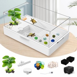 GOZILLA Large Turtle Tank Kit+Water Pump, Acrylic Turtle Tank Starter Kit with Adjustable 5W Water Pump and Two Shower Heads, Multi-Functional Area for Small/Medium Turtles(Large-White Tank).