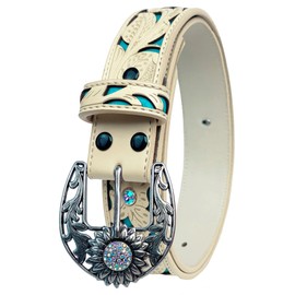 TOPACC White Turquoise Cowgirl Belt for Women with Sunflower Buckle Western Cowboy Belts for Girls Country Belts for Jeans Dress