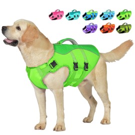 Petglad Dog Life Jacket, Reflective Dog Harness Life Vest with Rescue Handle for Swimming Boating, Adjustable High Buoyancy Flotation Swim Vest for Small Meium Large Dogs - Green, XL